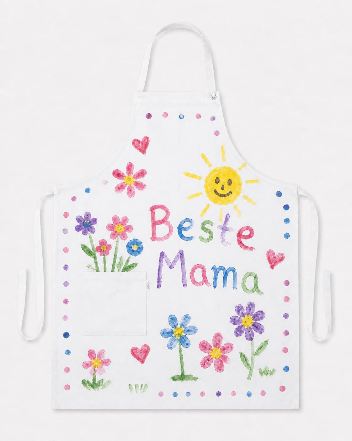 Latzschürze bemalt mit "Beste Mama", Sonne und bunten Blumen