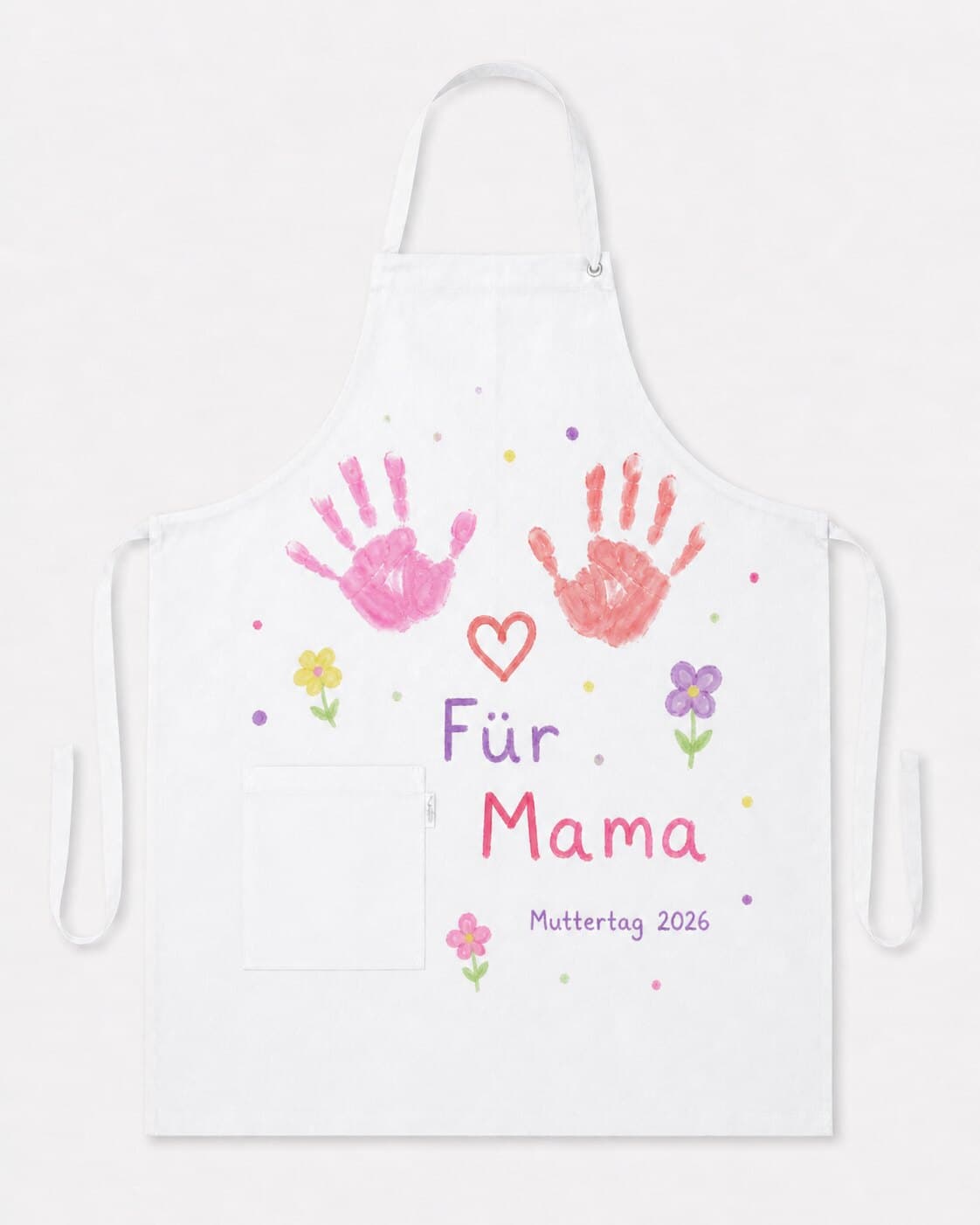 Latzschürze mit zwei Kinder-Handabdrücken und 'Für Mama Muttertag 2026'