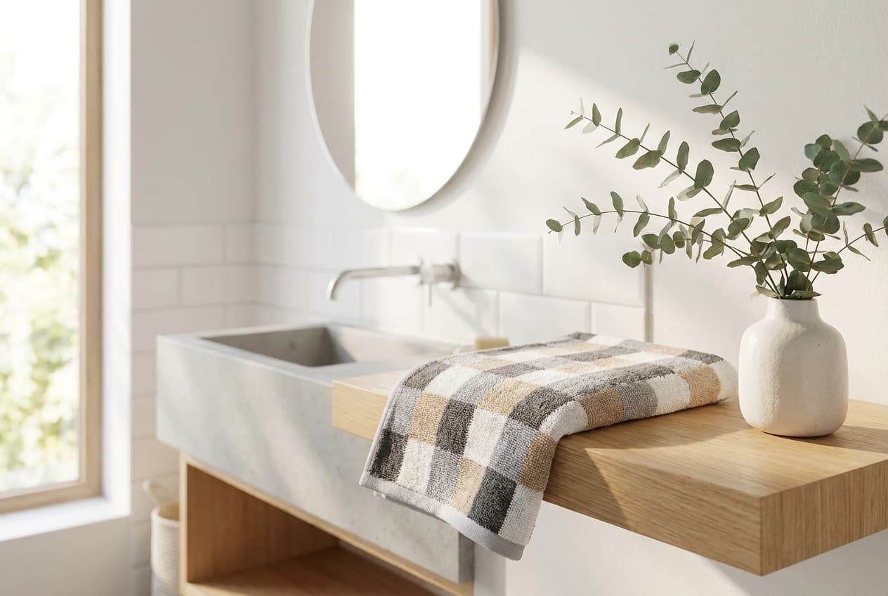 Milano/Kira Handtuch – Milano/Kira Handtuch in Grau – 3-Farben Karo-Design – minimalist Scandinavian bathroom – Weberei Pahl