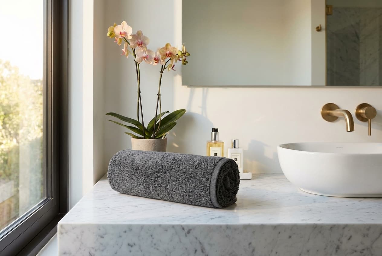 Capri/Gina Handtuch – Capri/Gina Handtuch 50x100cm – exklusives Frottiergewebe in Graphit – modern hotel bathroom – Weberei Pahl