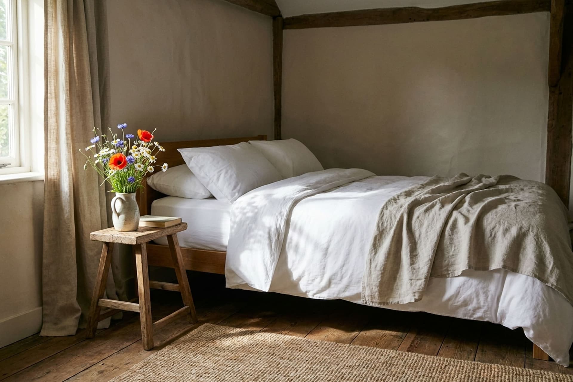 Frisch bezogenes Bett mit Renforcé-Bettwäsche im Tageslicht