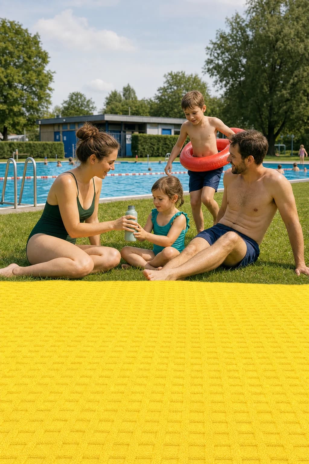 Familie auf einer grünen Liegewiese im Freibad mit gelber Pahl Frotteedecke