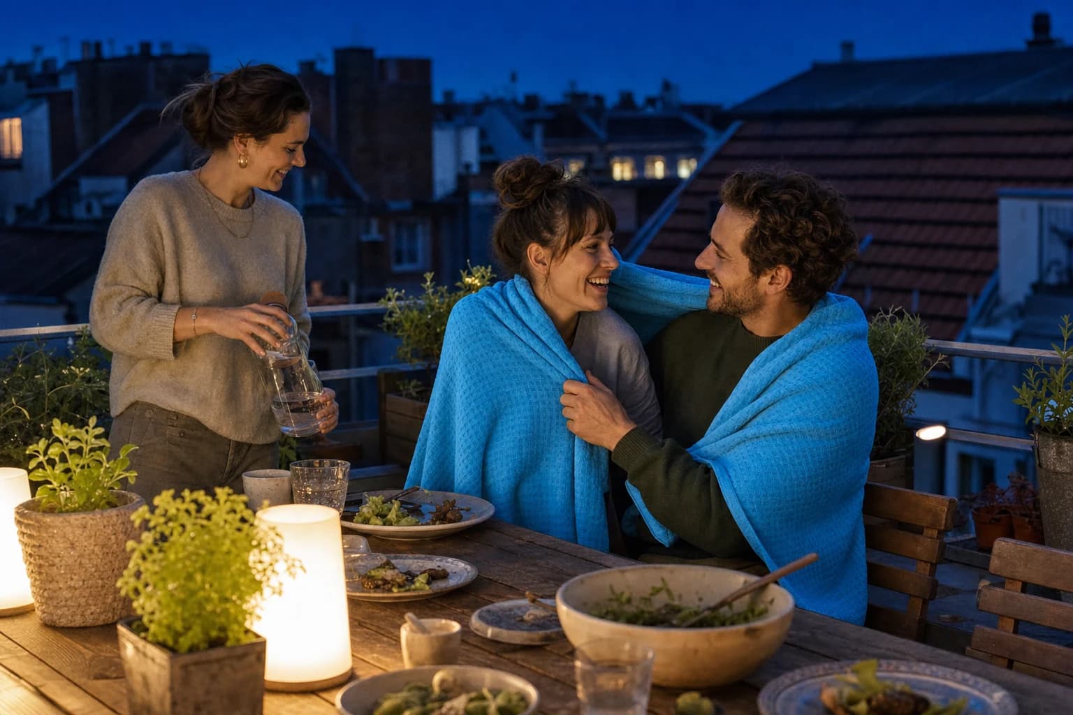 Drei Freunde verbringen einen kühlen Abend mit azurblauer Sorrent Veloursdecke auf der Dachterrasse