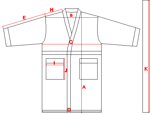 Kimono-Messzeichnung: A Rückenlänge, B Schulterbreite, C flache Brustweite und E Ärmellänge.