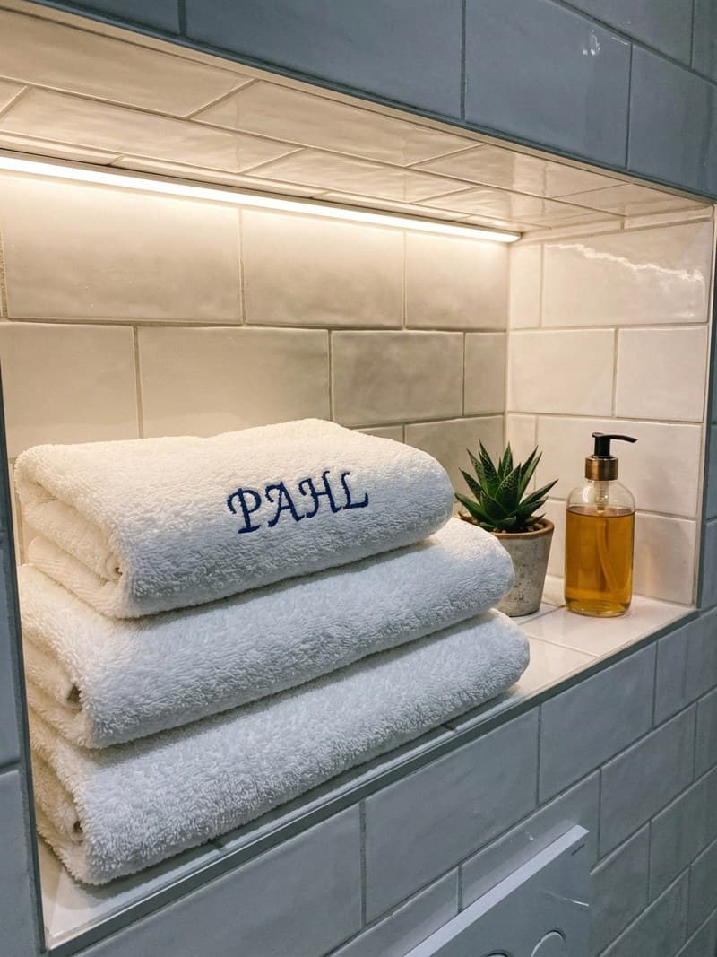 Bestickte Pahl Handtücher in einem Badezimmer