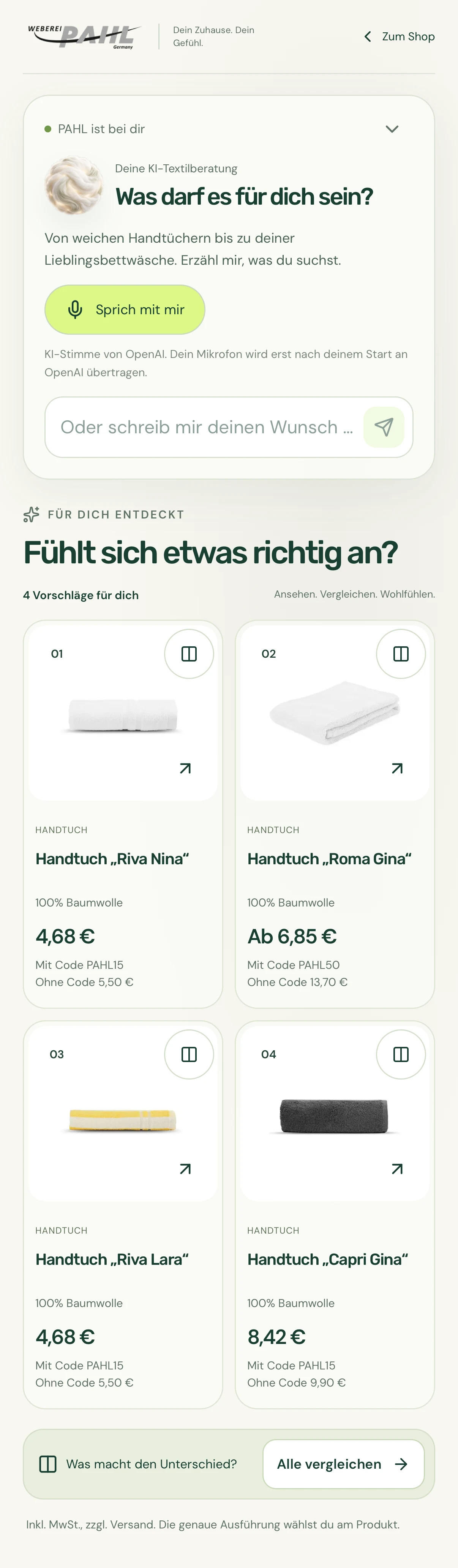 Original-Screenshot der mobilen PAHL-Beratung mit Spracheingabe und vier Handtuchvorschlägen.