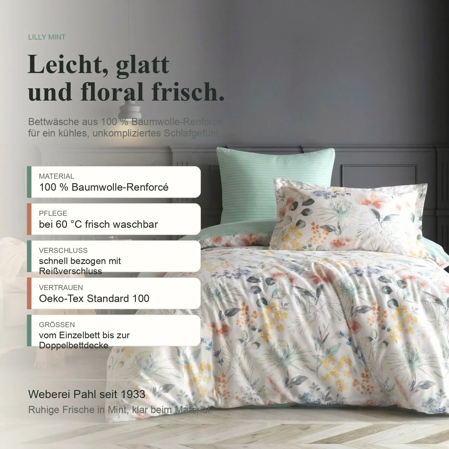 Renforcé Premium Lilly Mint Bettwäscheset mit Material-, Pflege- und Zertifikatshinweisen