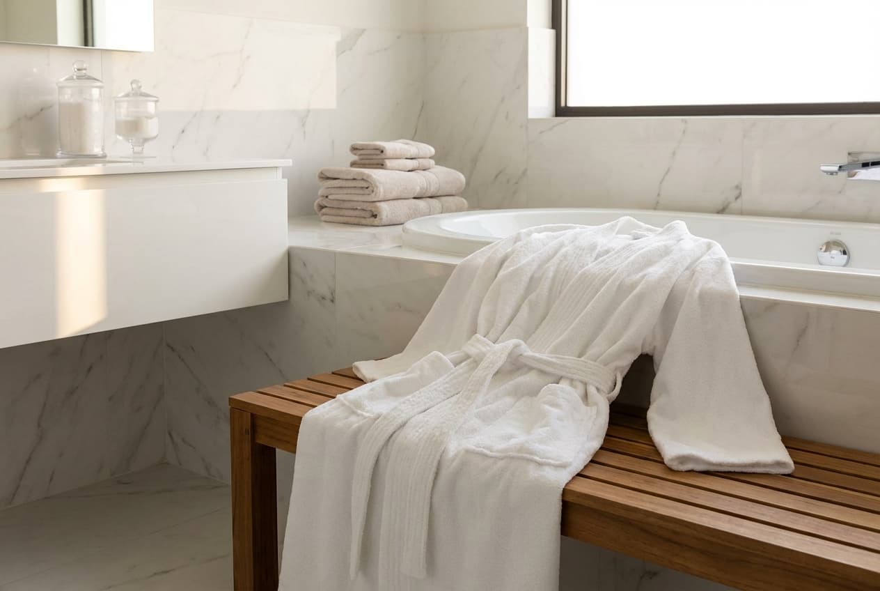 Riva/Gina Bademantel Kimono – Riva/Gina Bademantel Kimono in Weiß – Praktischer Kimonostil mit Bindegürtel – modern hotel bathr...